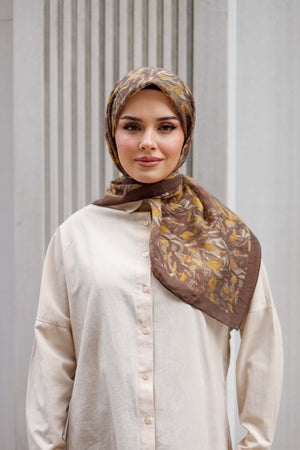 Tensel Eşarp - Yaprak Desen - Kahve Hardal