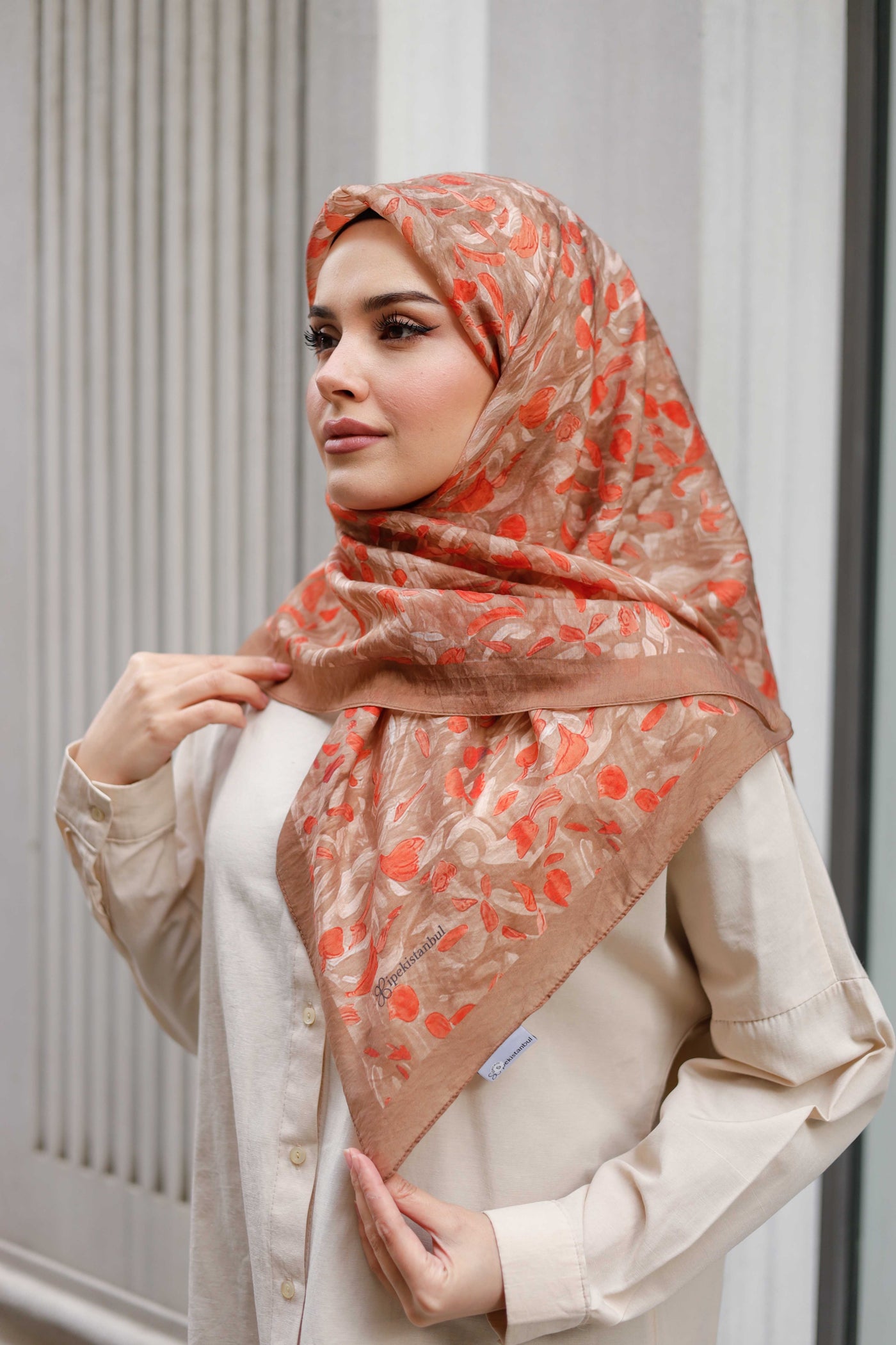 Tensel Eşarp - Yaprak Desen - Vizon Oranj