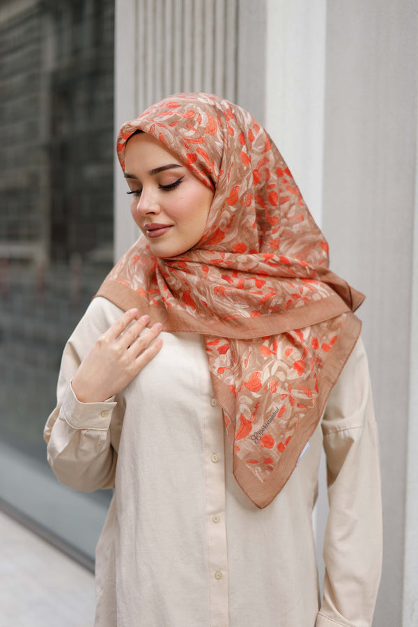 Tensel Eşarp - Yaprak Desen - Vizon Oranj