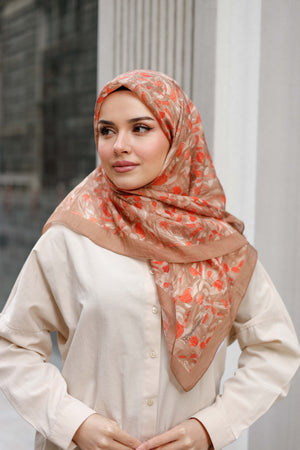 Tensel Eşarp - Yaprak Desen - Vizon Oranj