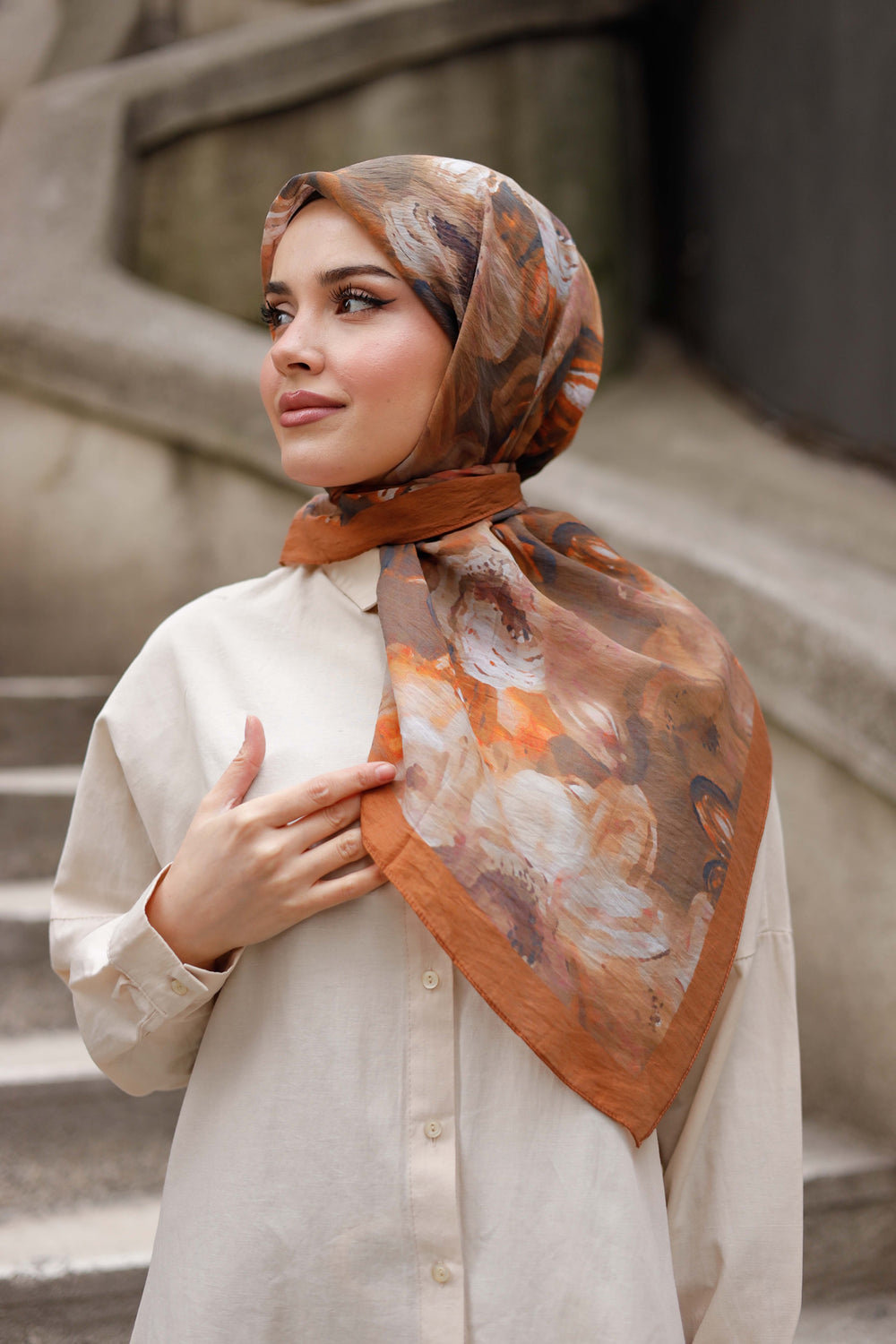 Tensel Eşarp - Rose Desen - Kiremit