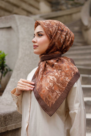 Tensel Eşarp - Yaprak Desen - Açık Kahve