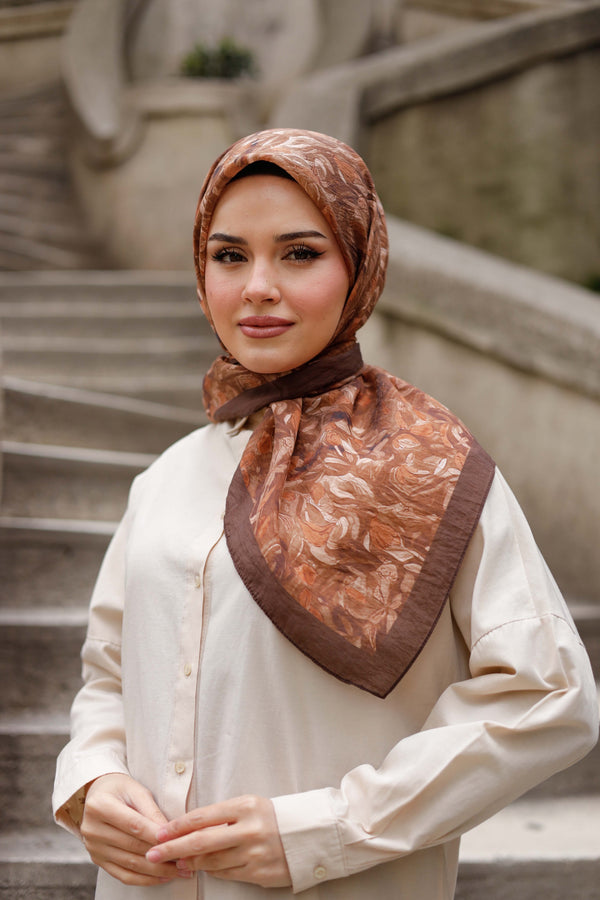 Tensel Eşarp - Yaprak Desen - Açık Kahve