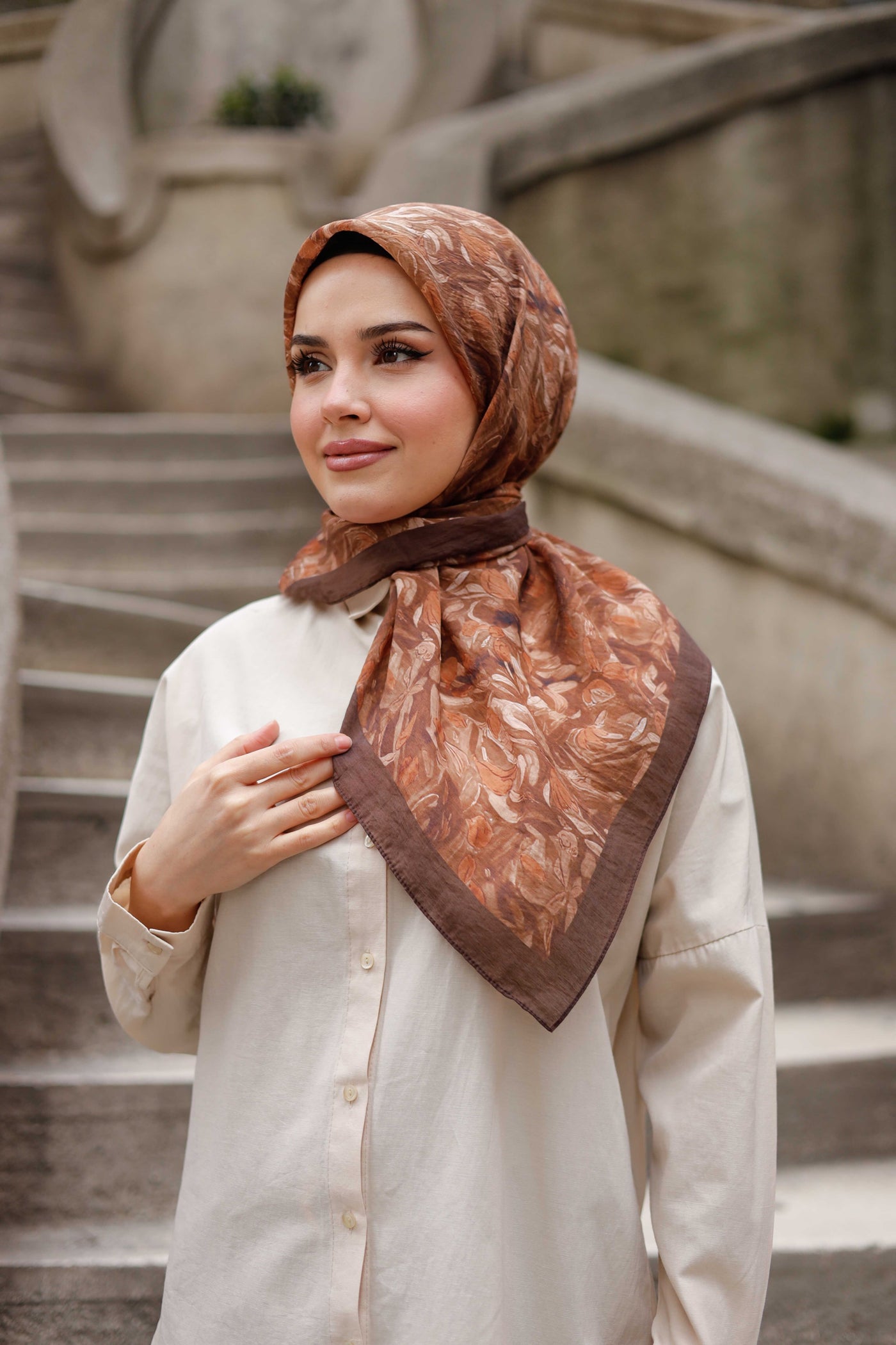 Tensel Eşarp - Yaprak Desen - Açık Kahve