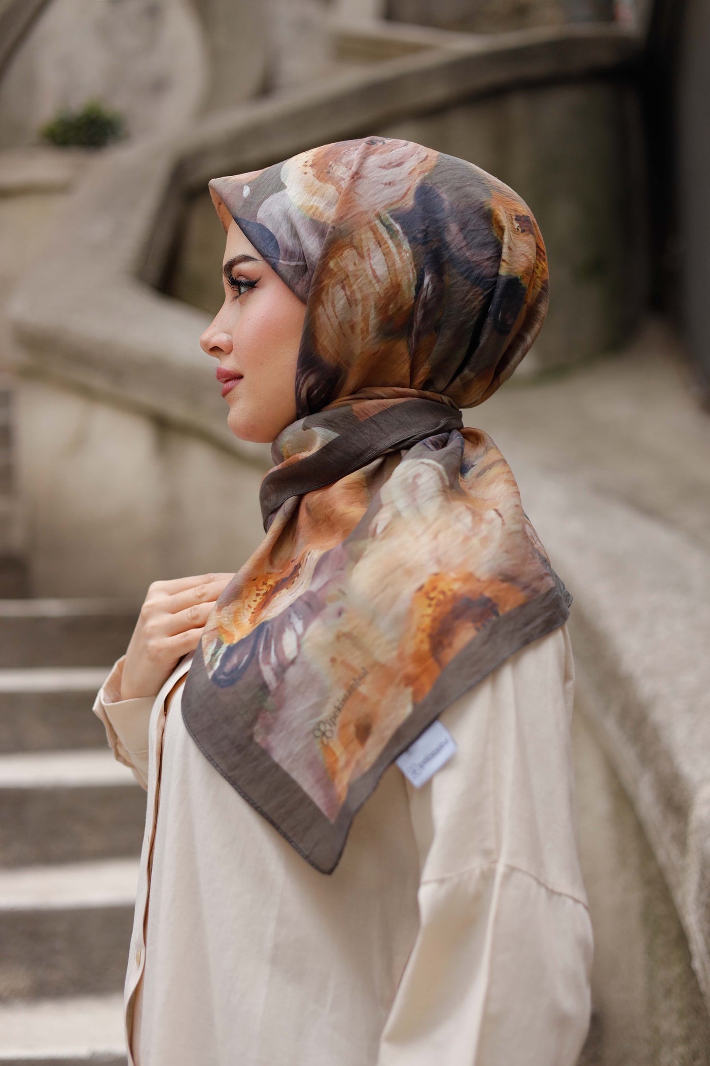 Tensel Eşarp - Rose Desen - Koyu Haki