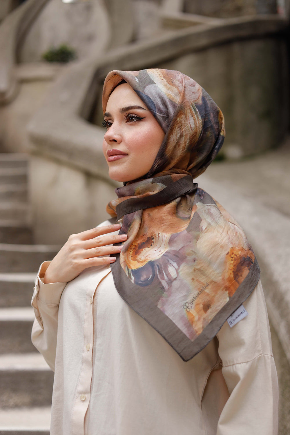 Tensel Eşarp - Rose Desen - Koyu Haki