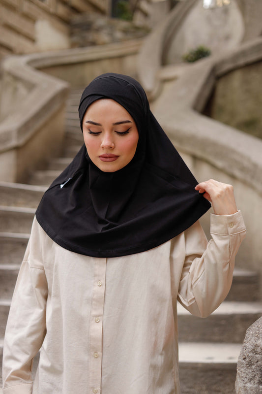 Boyunluklu Hijab Bone - Çapraz - Siyah