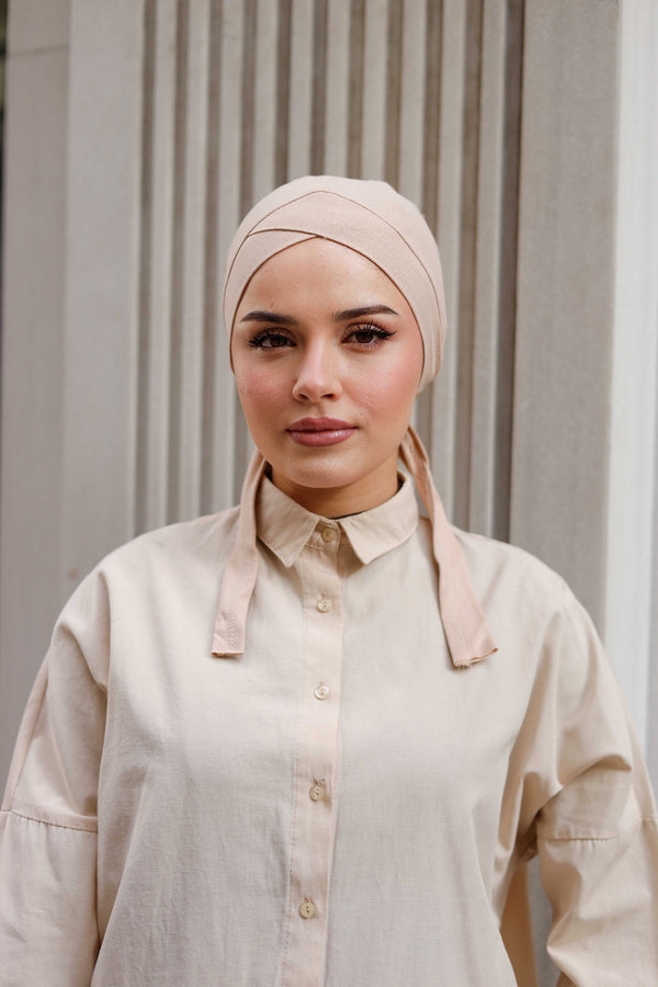 Çapraz Kurdele Topuzlu Bone - Özel Üretim - Geniş Kalıp - Vizon