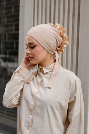 Çapraz Kurdele Topuzlu Bone - Özel Üretim - Geniş Kalıp - Vizon