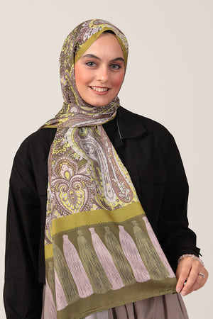 Pamuk İpek Şal - Etro Püskül Desen - Fıstık Yeşili