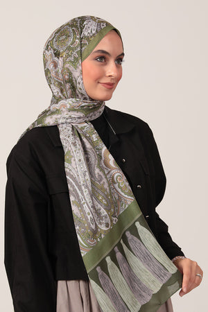 Pamuk İpek Şal - Etro Püskül Desen - Açık Yeşil