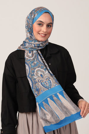 Pamuk İpek Şal - Etro Püskül Desen - Mavi