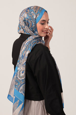 Pamuk İpek Şal - Etro Püskül Desen - Mavi