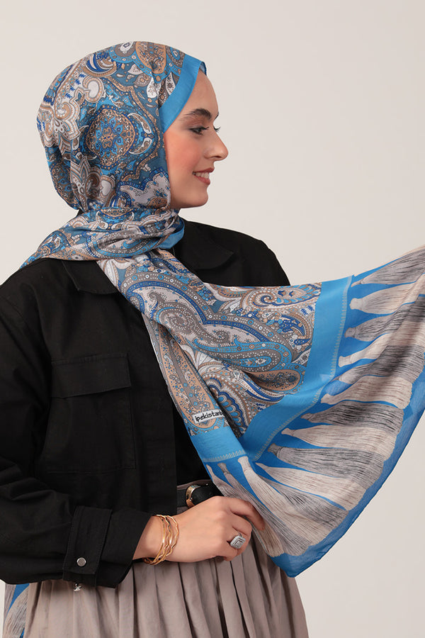Pamuk İpek Şal - Etro Püskül Desen - Mavi