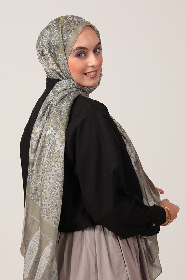 Pamuk İpek Şal - Etro Püskül Desen - Olive