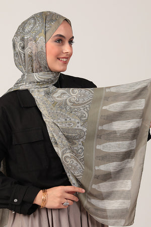 Pamuk İpek Şal - Etro Püskül Desen - Olive