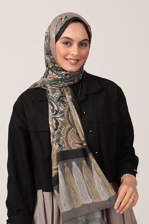 Pamuk İpek Şal - Etro Püskül Desen - Siyah Gold