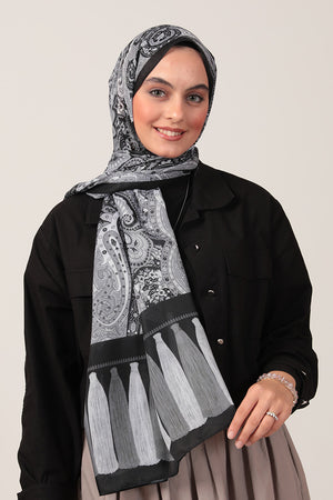Pamuk İpek Şal - Etro Püskül Desen - Siyah Gri
