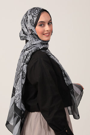 Pamuk İpek Şal - Etro Püskül Desen - Siyah Gri
