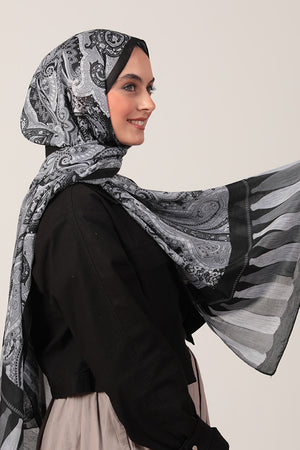 Pamuk İpek Şal - Etro Püskül Desen - Siyah Gri