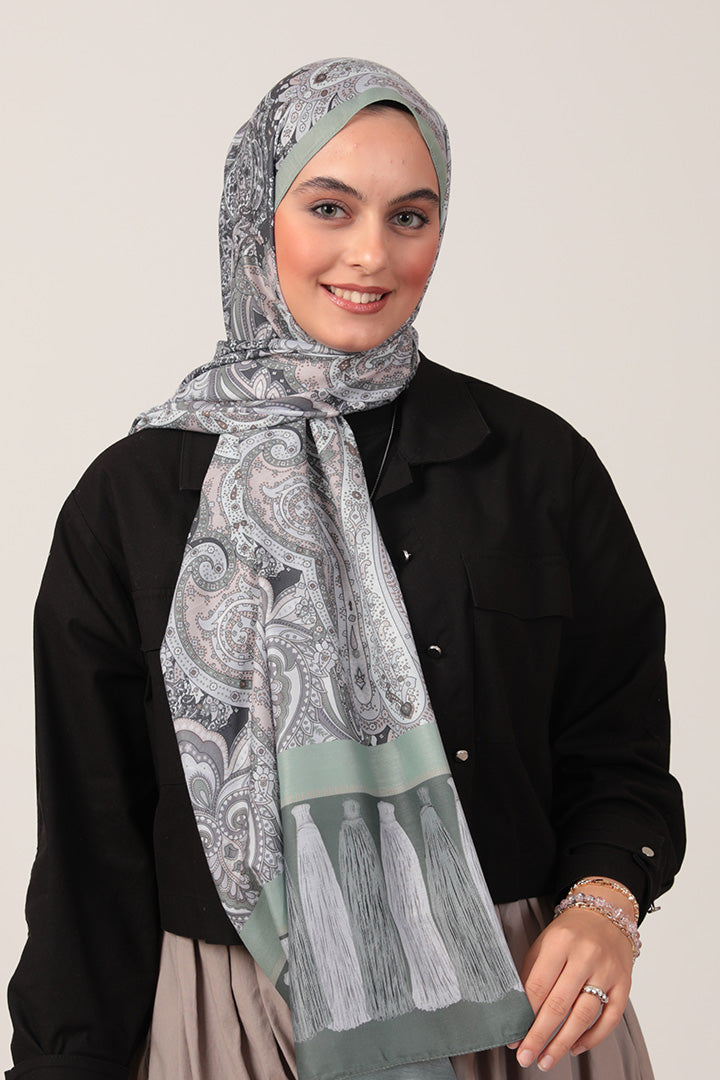 Pamuk İpek Şal - Etro Püskül Desen - Çağla Yeşili