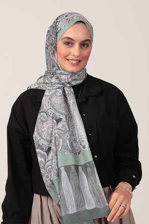 Pamuk İpek Şal - Etro Püskül Desen - Çağla Yeşili