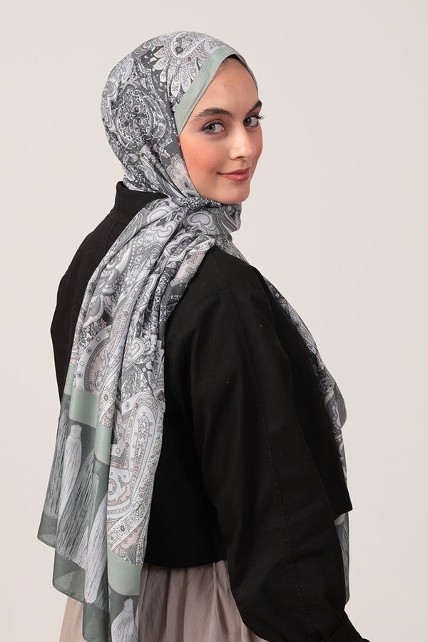 Pamuk İpek Şal - Etro Püskül Desen - Çağla Yeşili