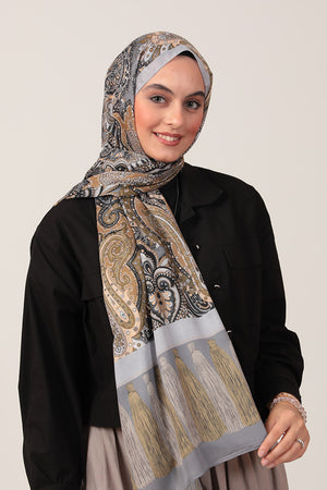 Pamuk İpek Şal - Etro Püskül Desen - Gümüş