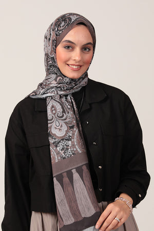 Pamuk İpek Şal - Etro Püskül Desen - Koyu Vizon