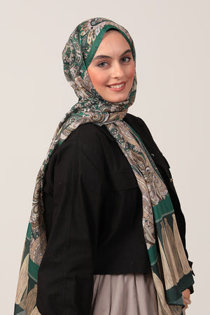 Pamuk İpek Şal - Etro Püskül Desen - Çam Gold