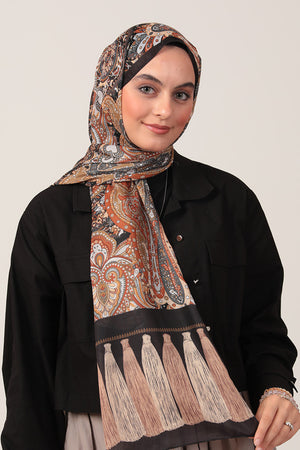 Pamuk İpek Şal - Etro Püskül Desen - Siyah Tarçın