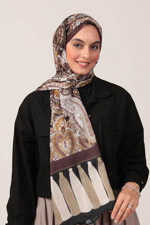 Pamuk İpek Şal - Etro Püskül Desen - Kahve Sarı