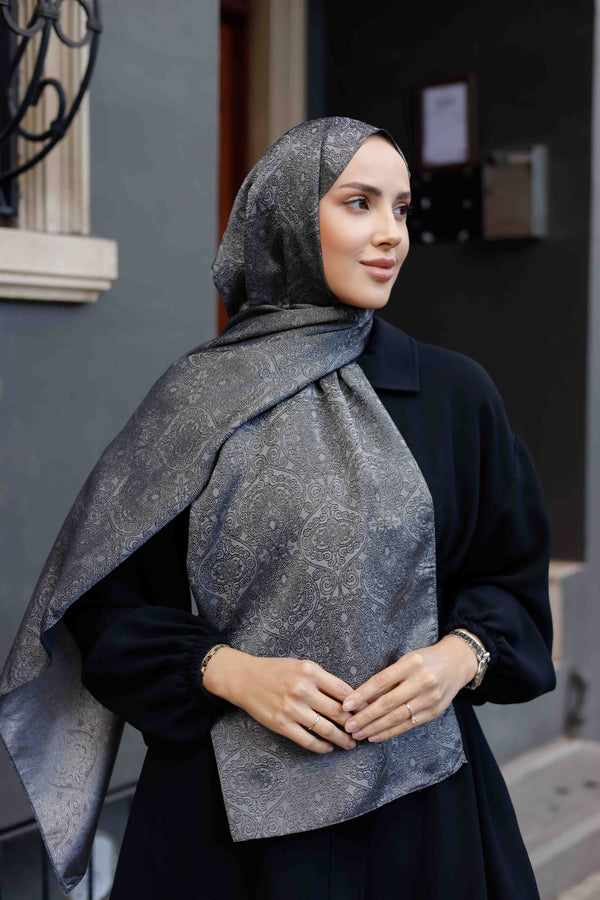 İpeksi Çift Taraflı Jakar Şal - Mandala Desen - Füme