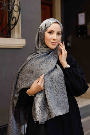 İpeksi Çift Taraflı Jakar Şal - Rose Desen - Füme