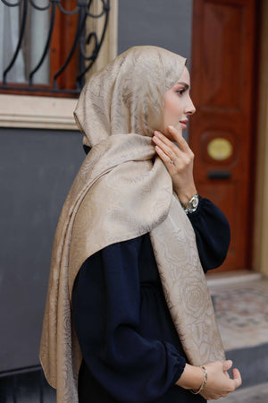 İpeksi Çift Taraflı Jakar Şal - Rose Desen - Sütlü Kahve