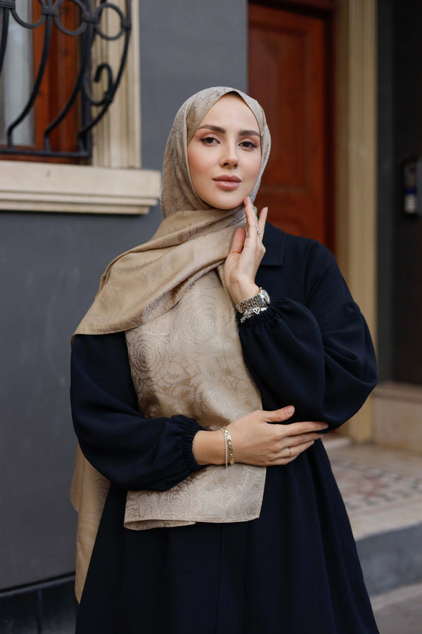 İpeksi Çift Taraflı Jakar Şal - Rose Desen - Sütlü Kahve