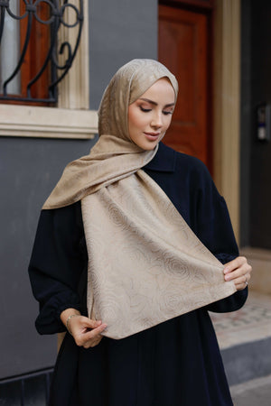 İpeksi Çift Taraflı Jakar Şal - Rose Desen - Sütlü Kahve