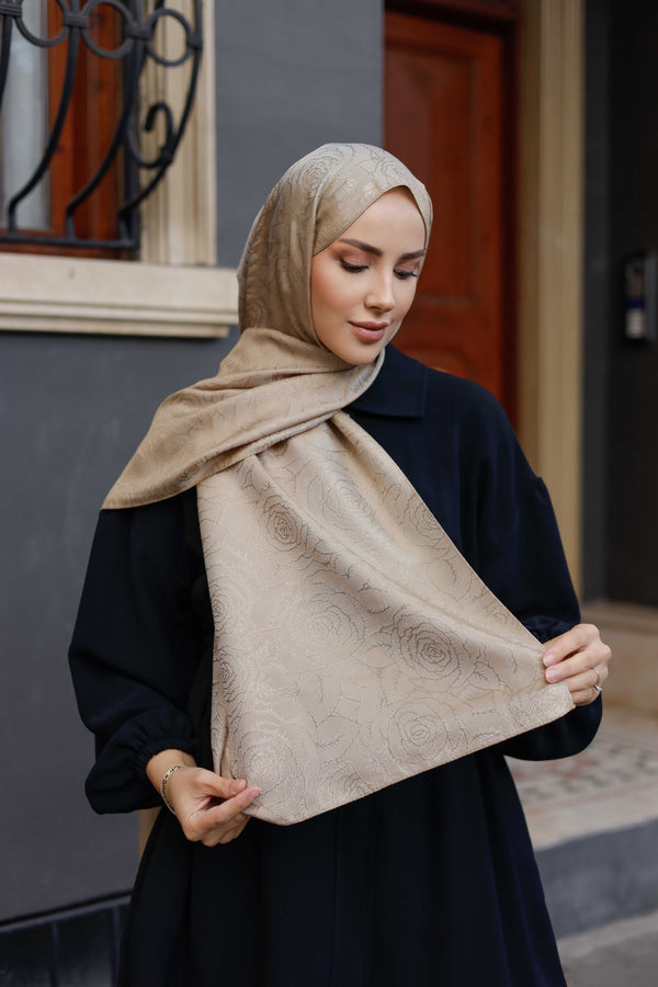 İpeksi Çift Taraflı Jakar Şal - Rose Desen - Sütlü Kahve