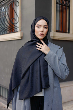 İpeksi Çift Taraflı Jakar Şal - Rose Desen - Siyah