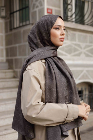 İpeksi Çift Taraflı Jakar Şal - Mandala Desen - Koyu Füme