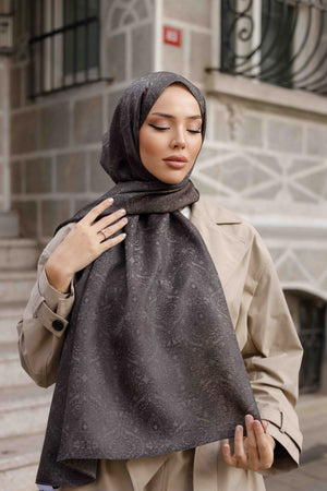 İpeksi Çift Taraflı Jakar Şal - Mandala Desen - Koyu Füme