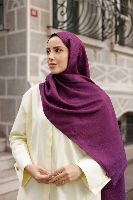 İpeksi Çift Taraflı Jakar Şal - Rose Desen - Mürdüm