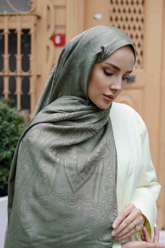 İpeksi Çift Taraflı Jakar Şal - Hint - Çağla Yeşili