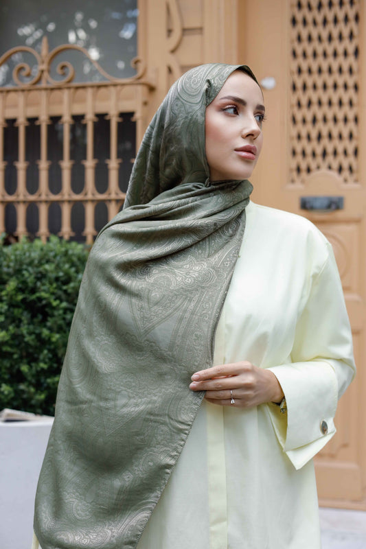 İpeksi Çift Taraflı Jakar Şal - Hint - Çağla Yeşili