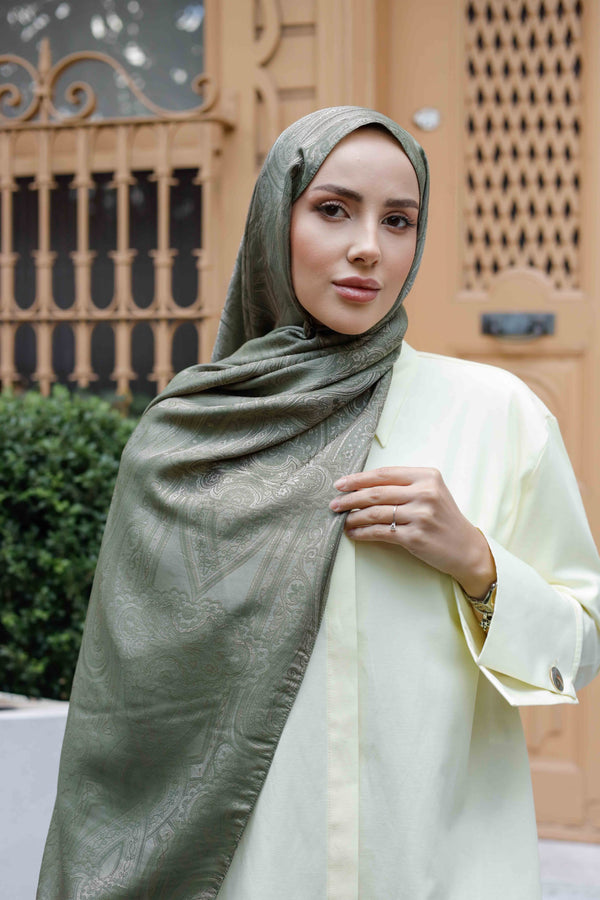 İpeksi Çift Taraflı Jakar Şal - Hint - Çağla Yeşili