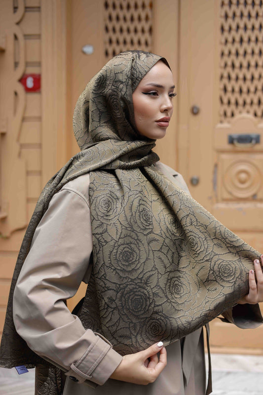 İpeksi Çift Taraflı Jakar Şal - Rose Desen - Yağ Yeşili