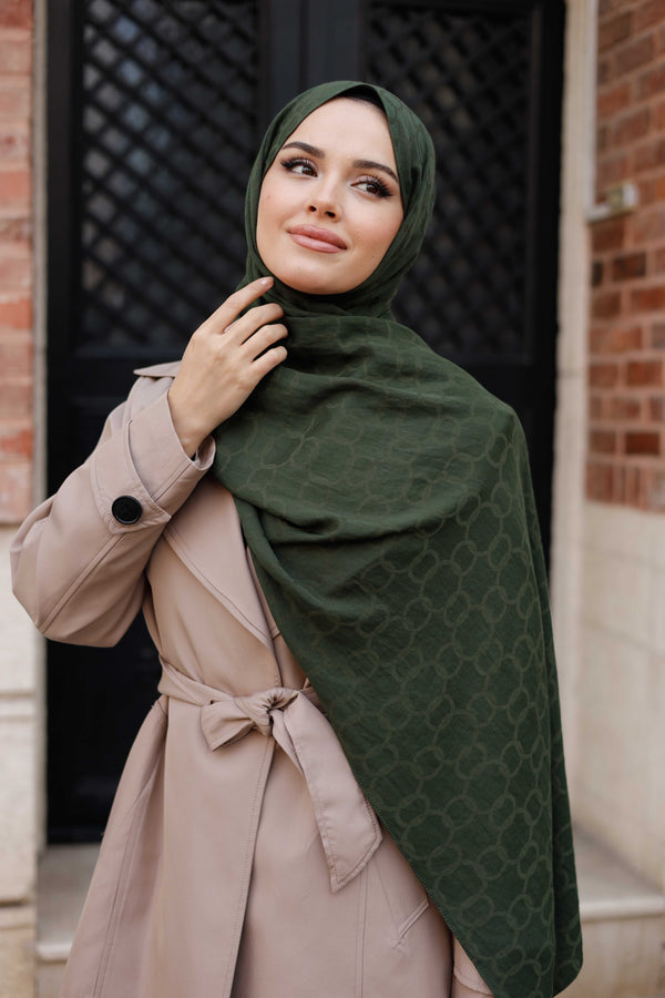 Soft Jakar Şal - Zincir Desen - Haki Yeşili