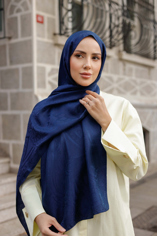 İpeksi Çift Taraflı Jakar Şal - Hint - Lacivert