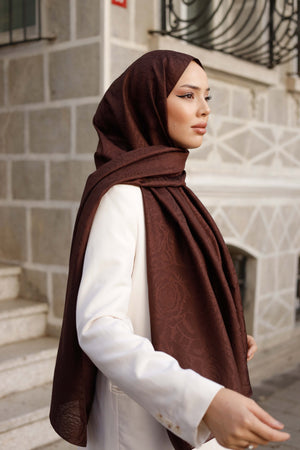 İpeksi Çift Taraflı Jakar Şal - Rose Desen - Kahverengi