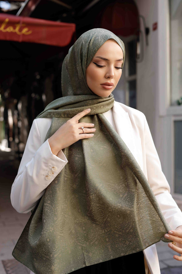 İpeksi Çift Taraflı Jakar Şal - Mandala Desen - Çağla Yeşili